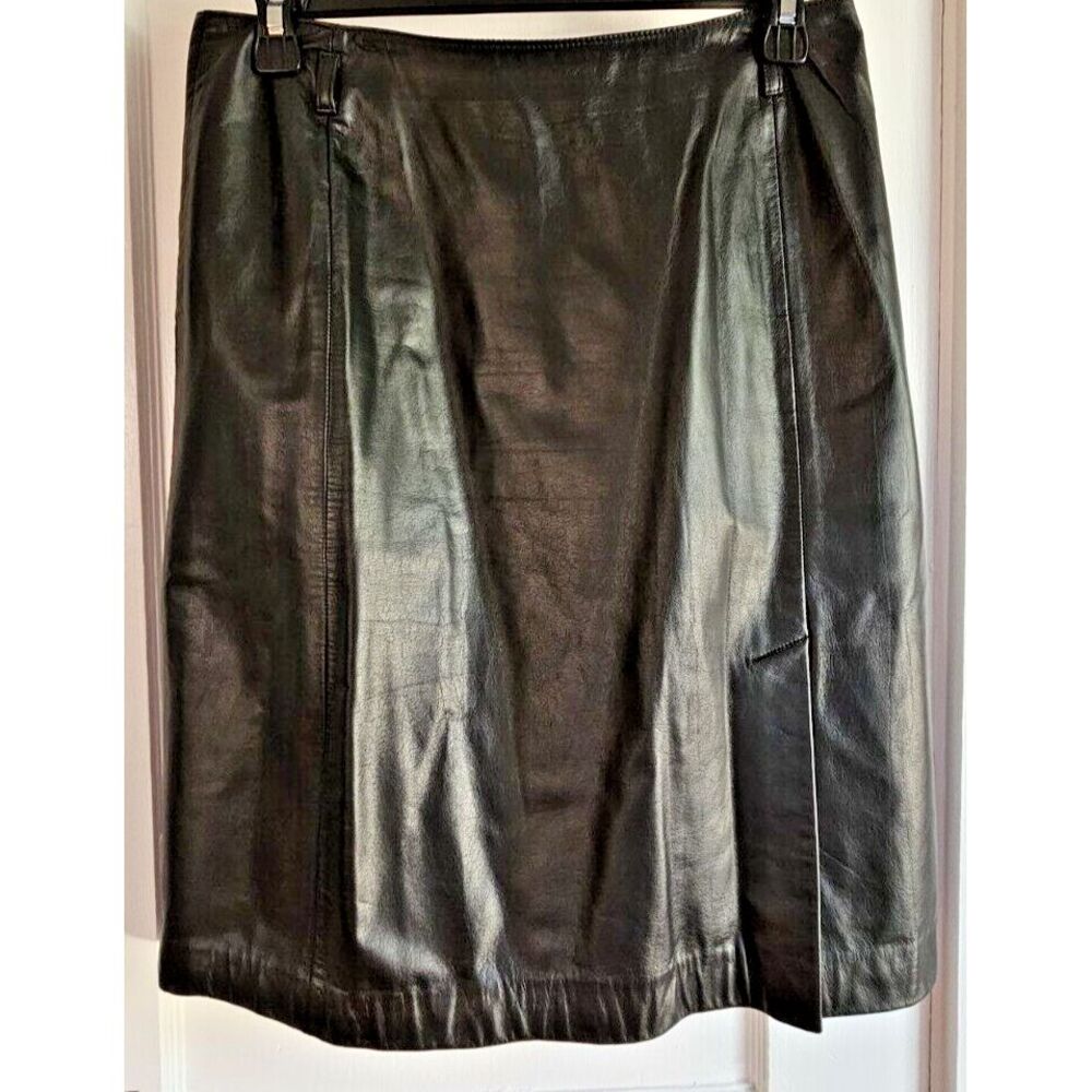 LOFT 100% Leather Black straight Pencil Skirt Women's Size 8 front slit‎ lined
